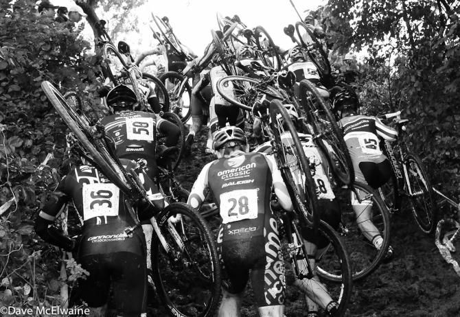 Elite Men scrambling up a steep climb at the Gloucester Grand Prix