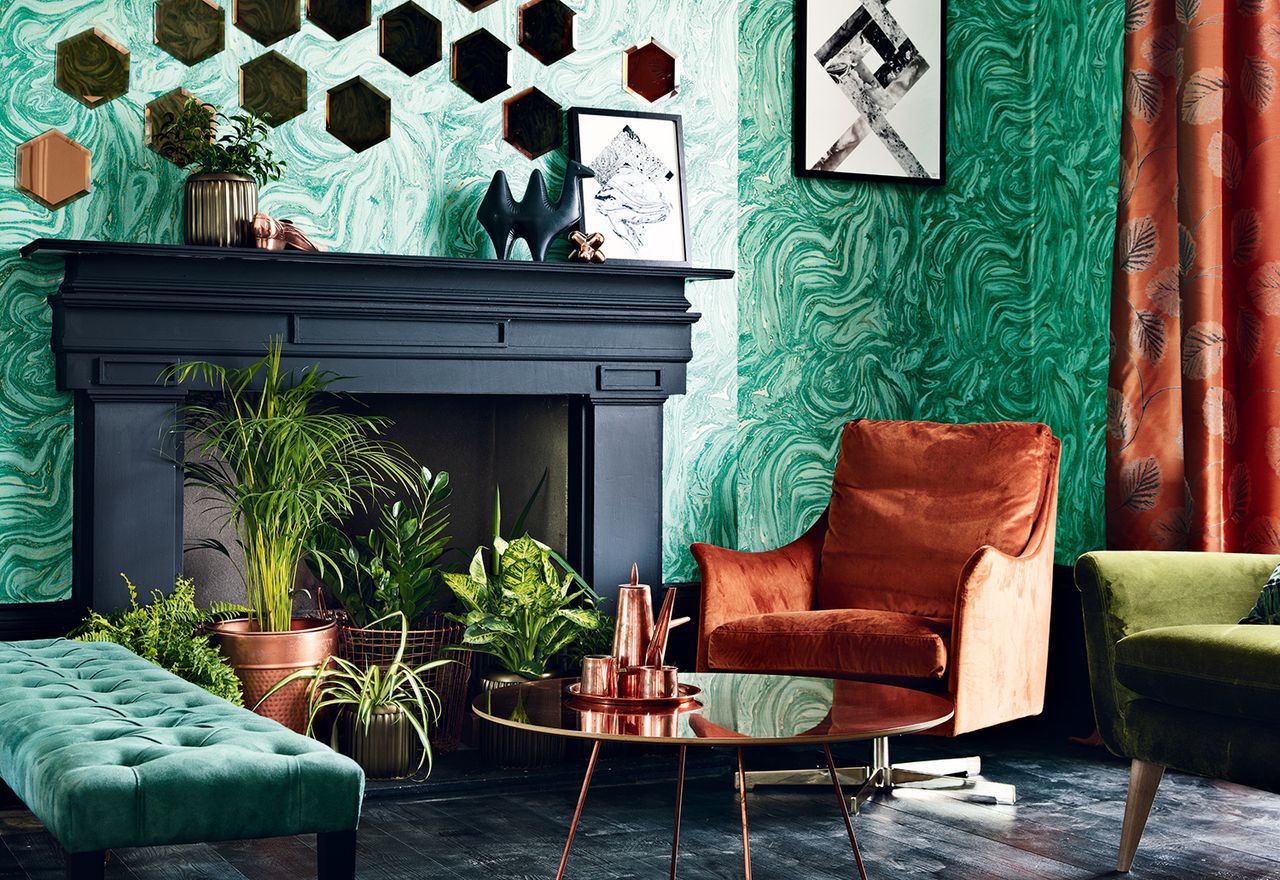 green and copper living room