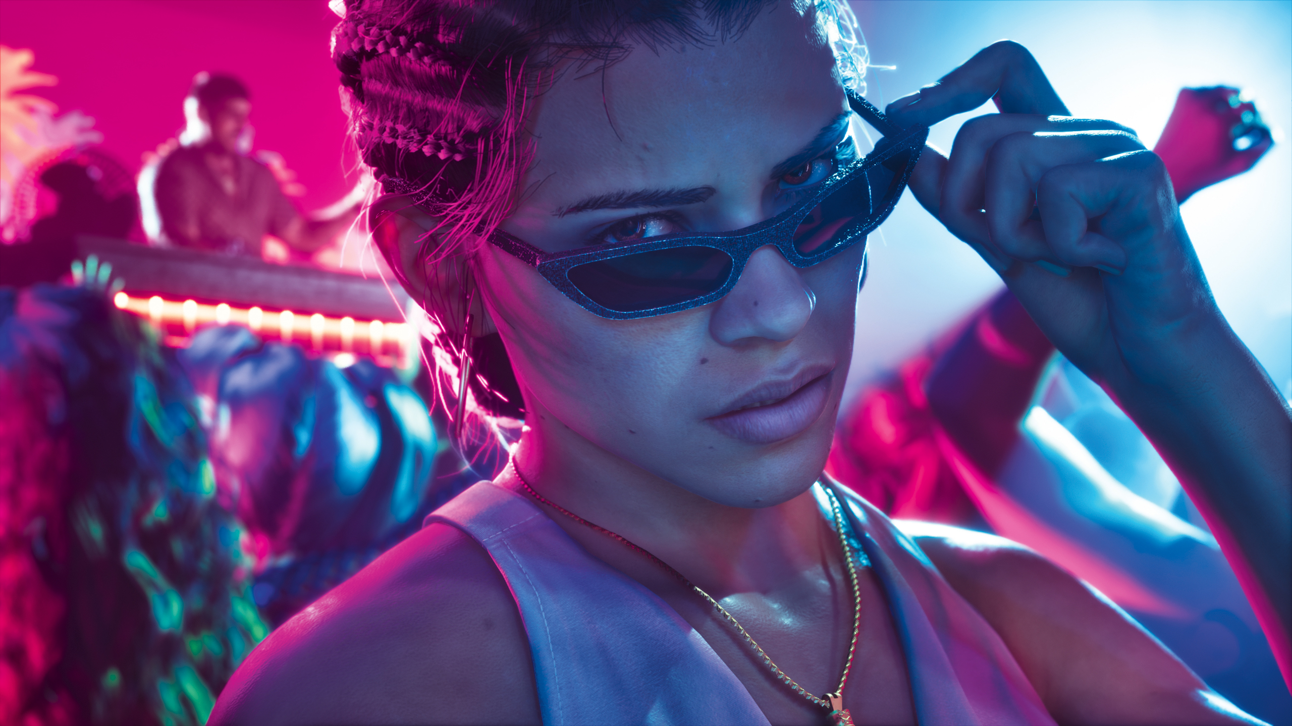 GTA 6 screenshot showing Lucia wearing sun glasses at a night rave