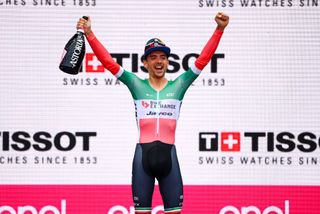 VERONA ITALY MAY 29 Matteo Sobrero of Italy and Team BikeExchange Jayco celebrates at podium as stage winner during the 105th Giro dItalia 2022 Stage 21 a 174km individual time trial stage from Verona to Verona ITT Giro WorldTour on May 29 2022 in Verona Italy Photo by Tim de WaeleGetty Images