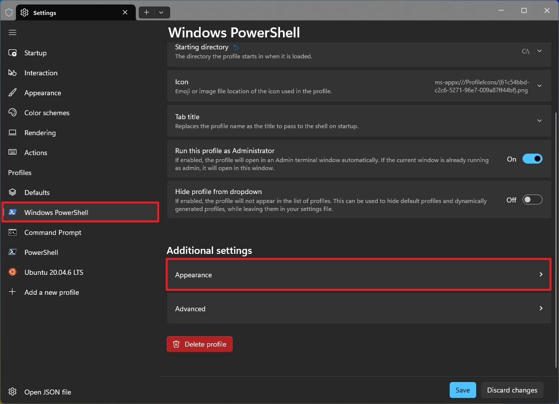 Terminal PowerShell appearance settings