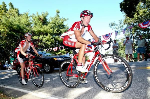Frank Pipp (Bissell) leads teammate Ian Boswell on a steep section of the climb.