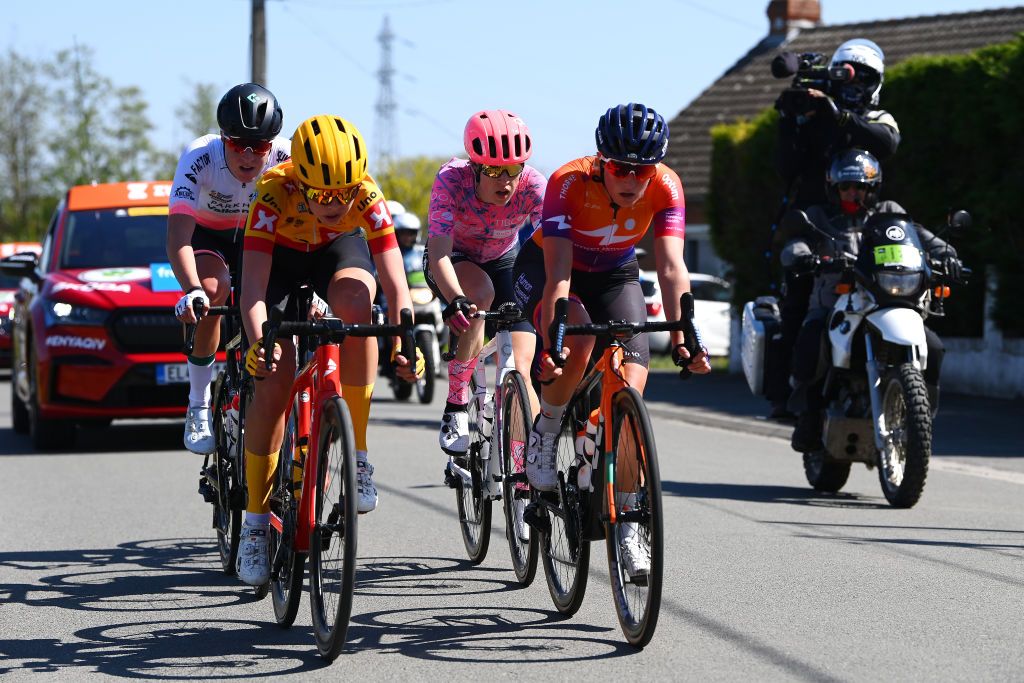 ROUBAIX FRANCE APRIL 16 LR Leonie Bos of Netherlands and Team Parkhotel Valkenburg Amalie Lutro of Norway and UnoX Women Cycling Team Tanja Erath of Germany and Team EF Education Tibco Svb and Katie Clouse of United States and Team Human Powered Health compete in the breakaway during the 2nd ParisRoubaix 2022 Womens Elite a 1247km one day race from Denain to Roubaix ParisRoubaixFemmes ParisRoubaix on April 16 2022 in Roubaix France Photo by Tim de WaeleGetty Images