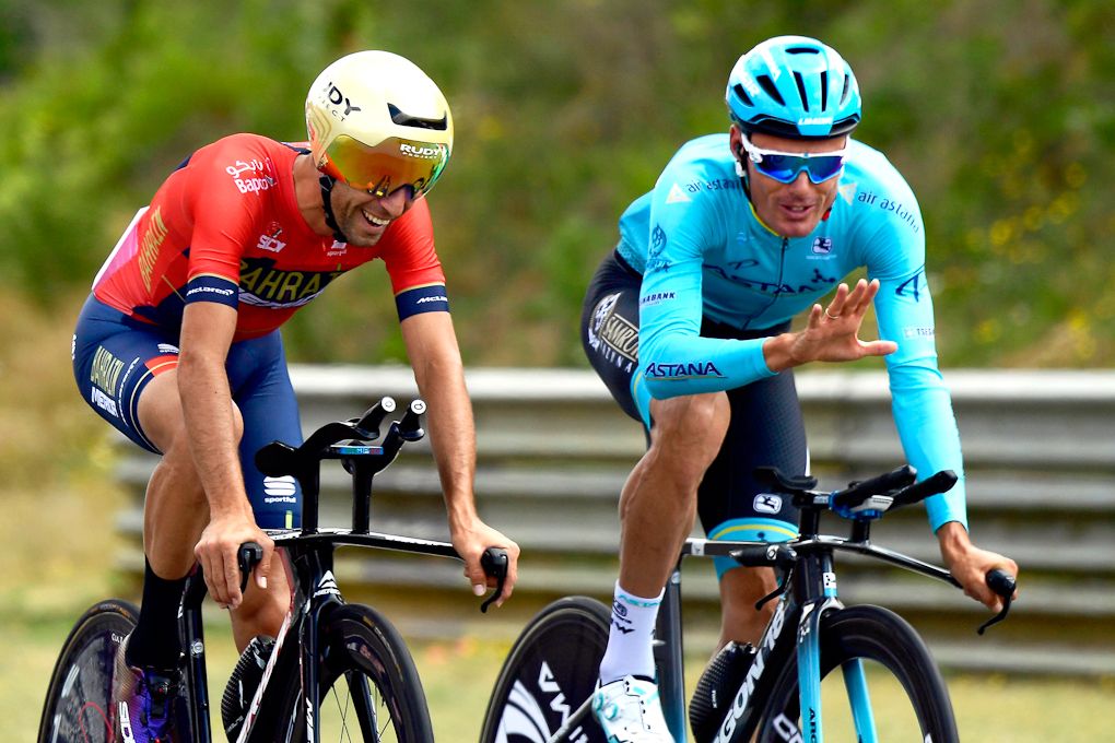 Vincenzo Nibali and Luis Leon Sanchez chat after team time trial training in Zolder