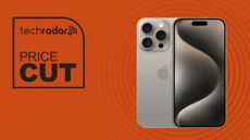 iPhone 15 Pro on orange background with TechRadar logo and "Price Cut' text 