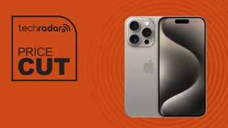 iPhone 15 Pro on orange background with TechRadar logo and "Price Cut' text 