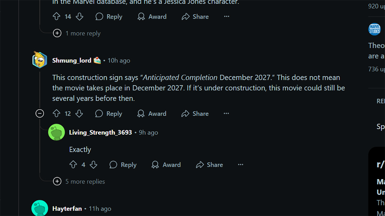 A screenshot of Reddit users discussing some Spider-Man 4 set photos