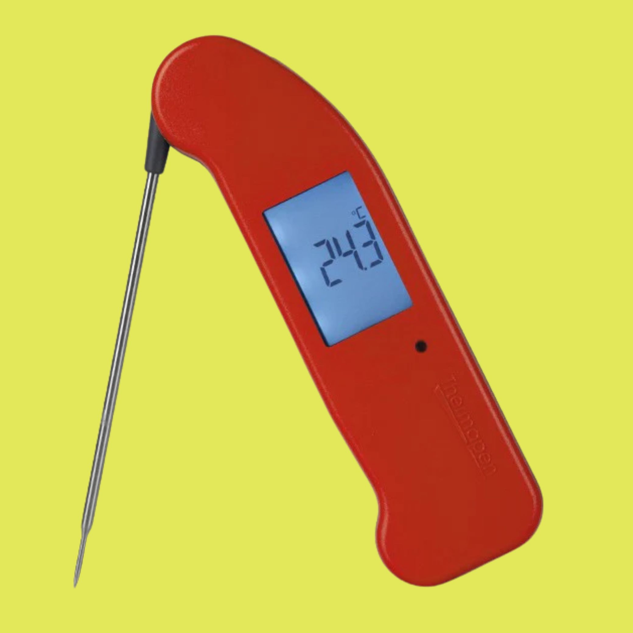 Thermapen One Thermometer in red against bright yellow background.