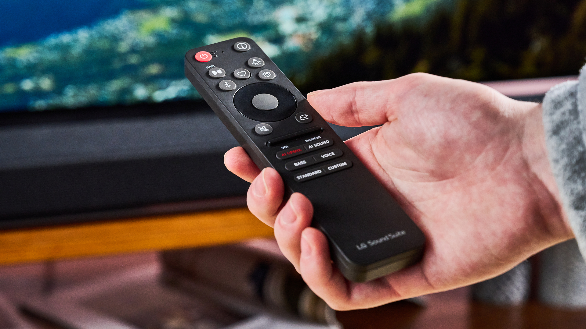 Man holding remote for LG Sound Suite