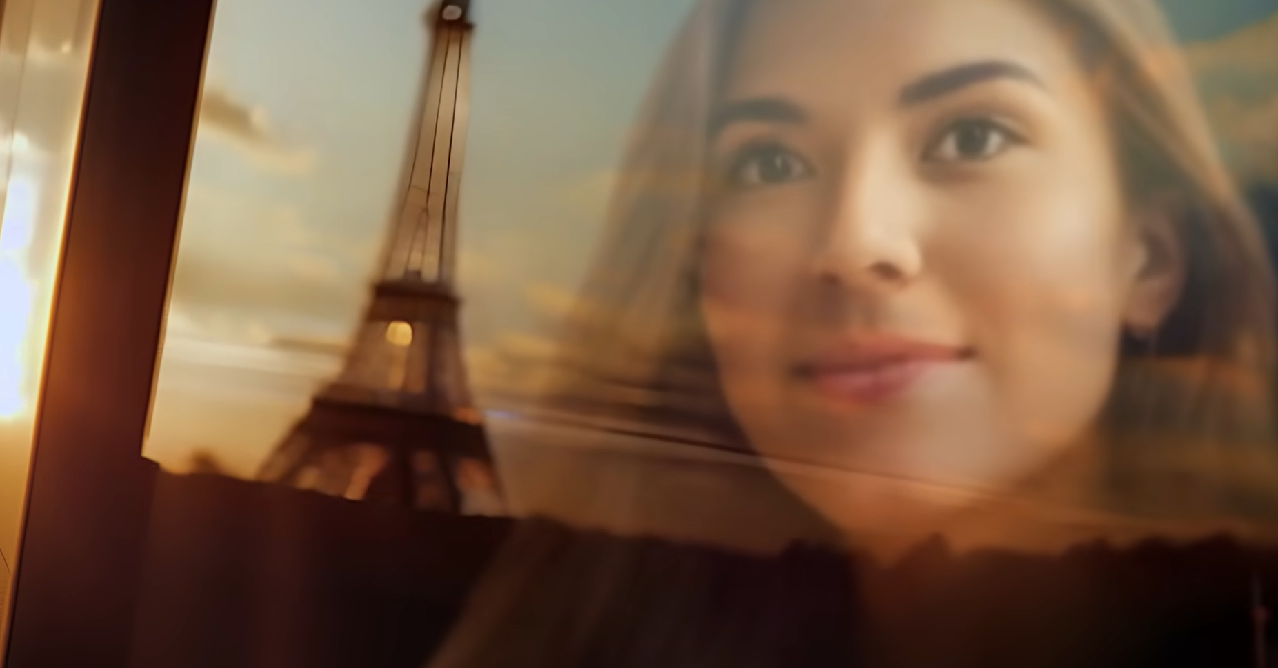 A screenshot from an AI-generated film showing the Eiffel Tower and a girl's face