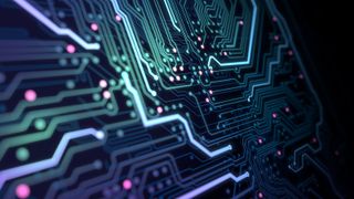 Circuit board with running data by a glowing lines.