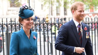 Catherine, Duchess of Cambridge and Prince Harry, Duke of Sussex attend the ANZAC Day Service of Commemoration and Thanksgiving at Westminster Abbey on April 25, 2019 in London, United Kingdom.