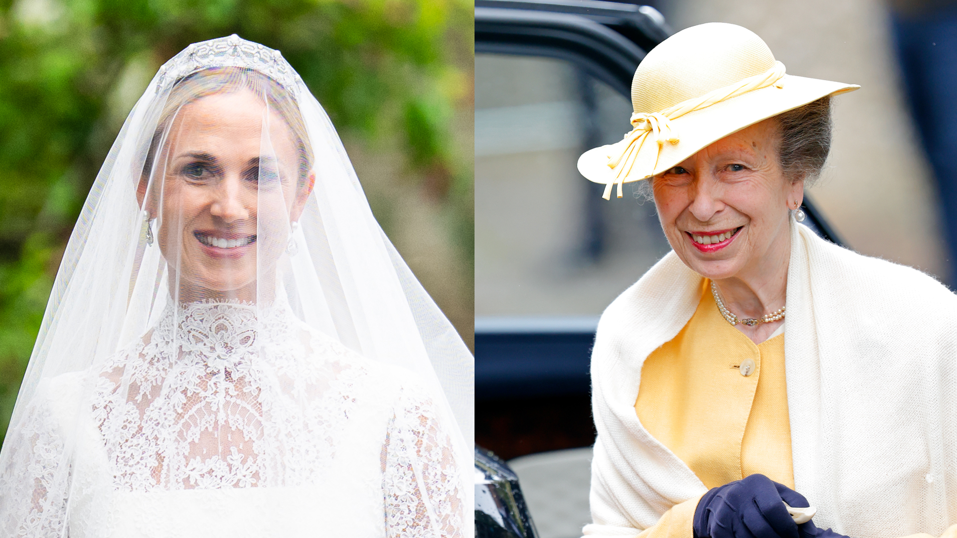 A split image of Harriet Sperling wearing a veil and wedding dress; Princess Anne wearing a yellow hat and coat