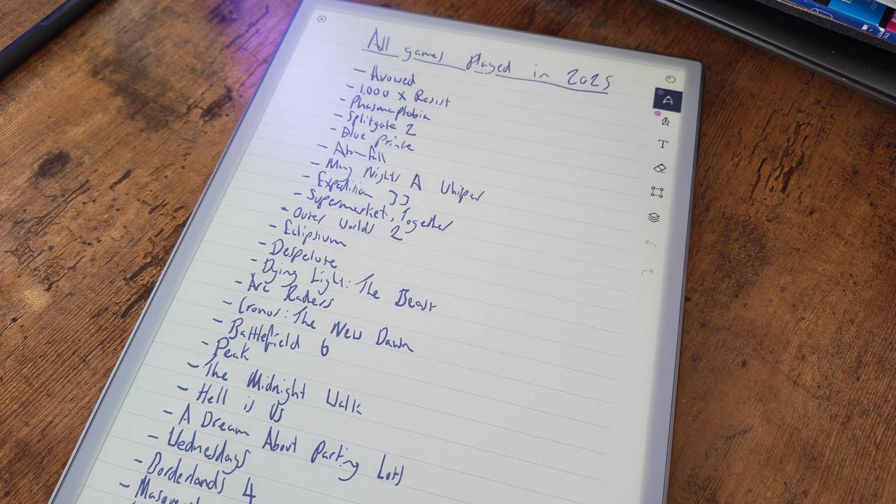 A reMarkable Paper Pro showing a list of games played in 2025