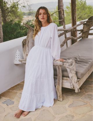 White Embroidered Tie Waist Aarti Smock Maxi Dress