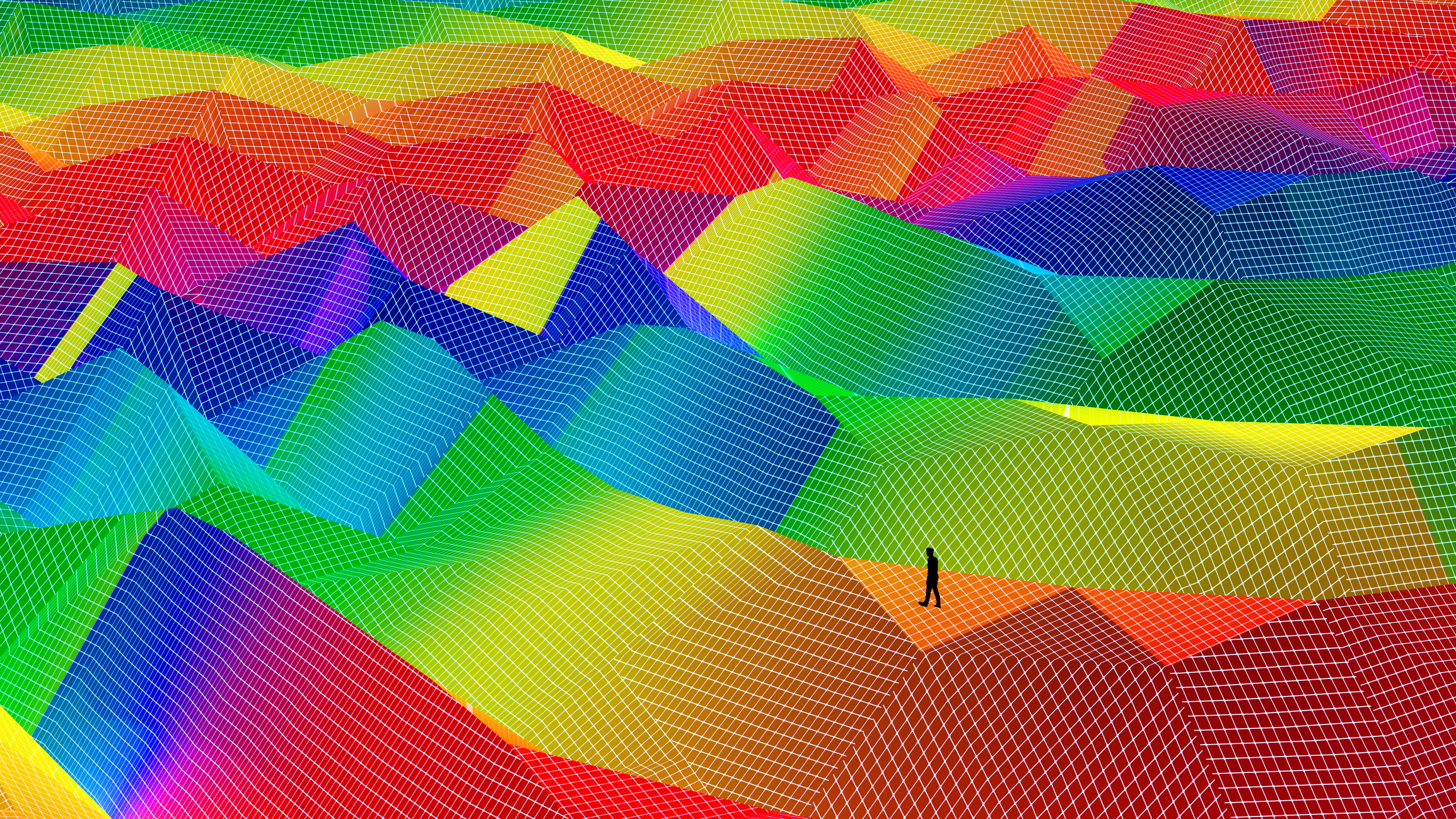 A figure walking across a multicolored, patchwork digital landscape to represent tool sprawl.
