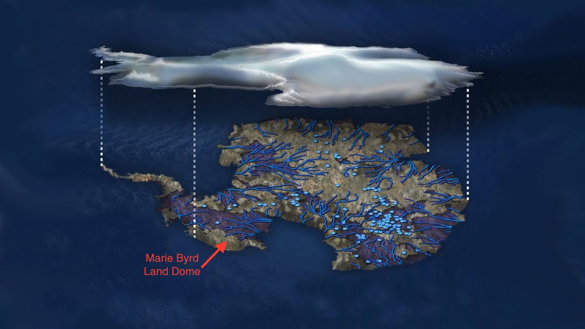 This illustration shows where water rests and flows under the Antarctic ice, with blue dots indicating lakes and lines indicating rivers.