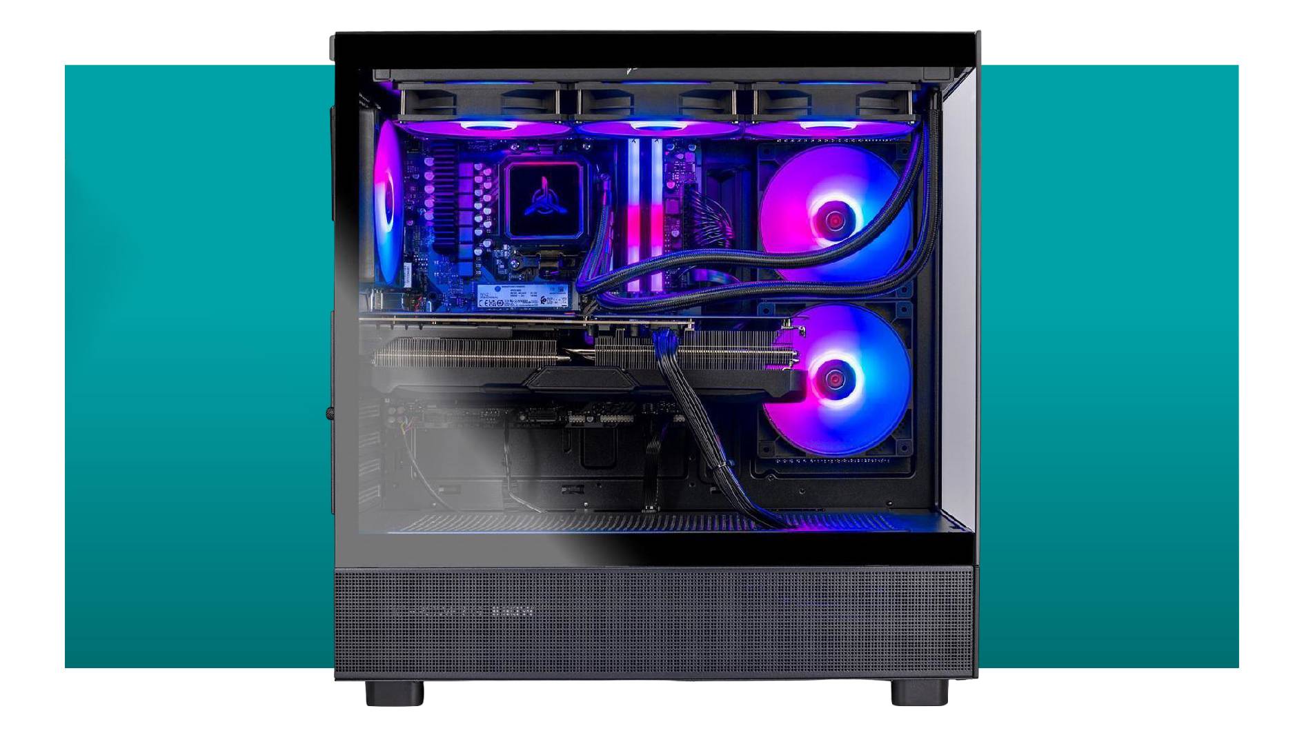 Skytech Azure gaming PC with RX 9070 XT inside on a blue background