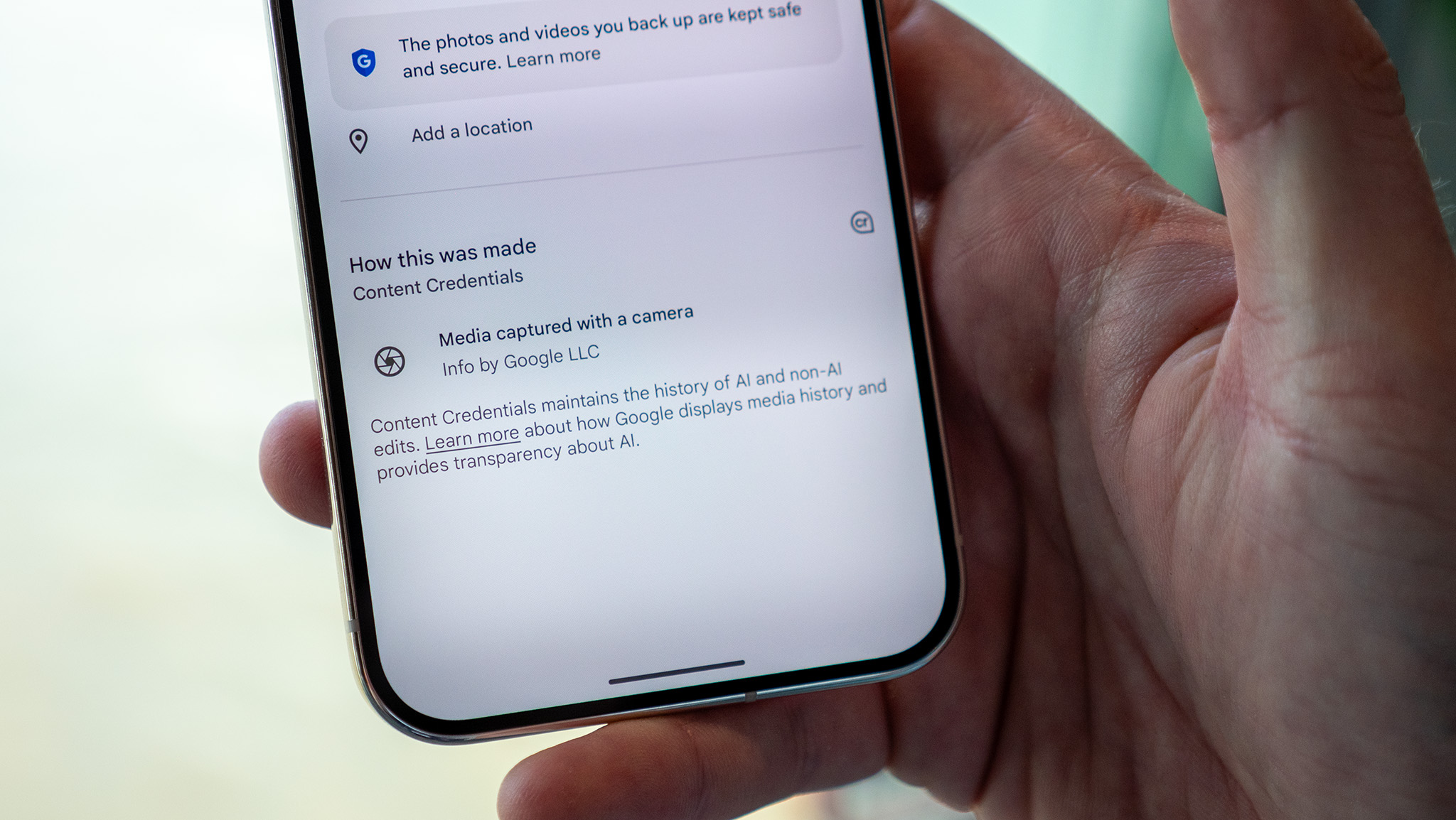 Checking out a photo&#039;s C2PA credentials on a Google Pixel 10 Pro to see if it was edited with AI or not.