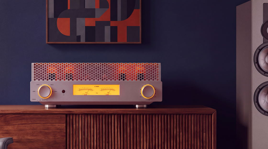 FiiO EA13 valve amplifier in silver on a wooden cabinet