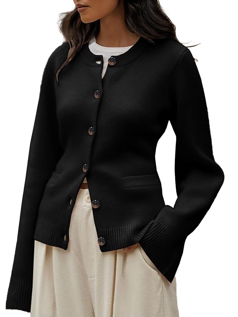 Langwyqu, Langwyqu Womens Button Down Cardigan Sweaters Open Front Long Sleeve Slim Fit Sweater Coat Winter Solid Outwear With Pockets Black