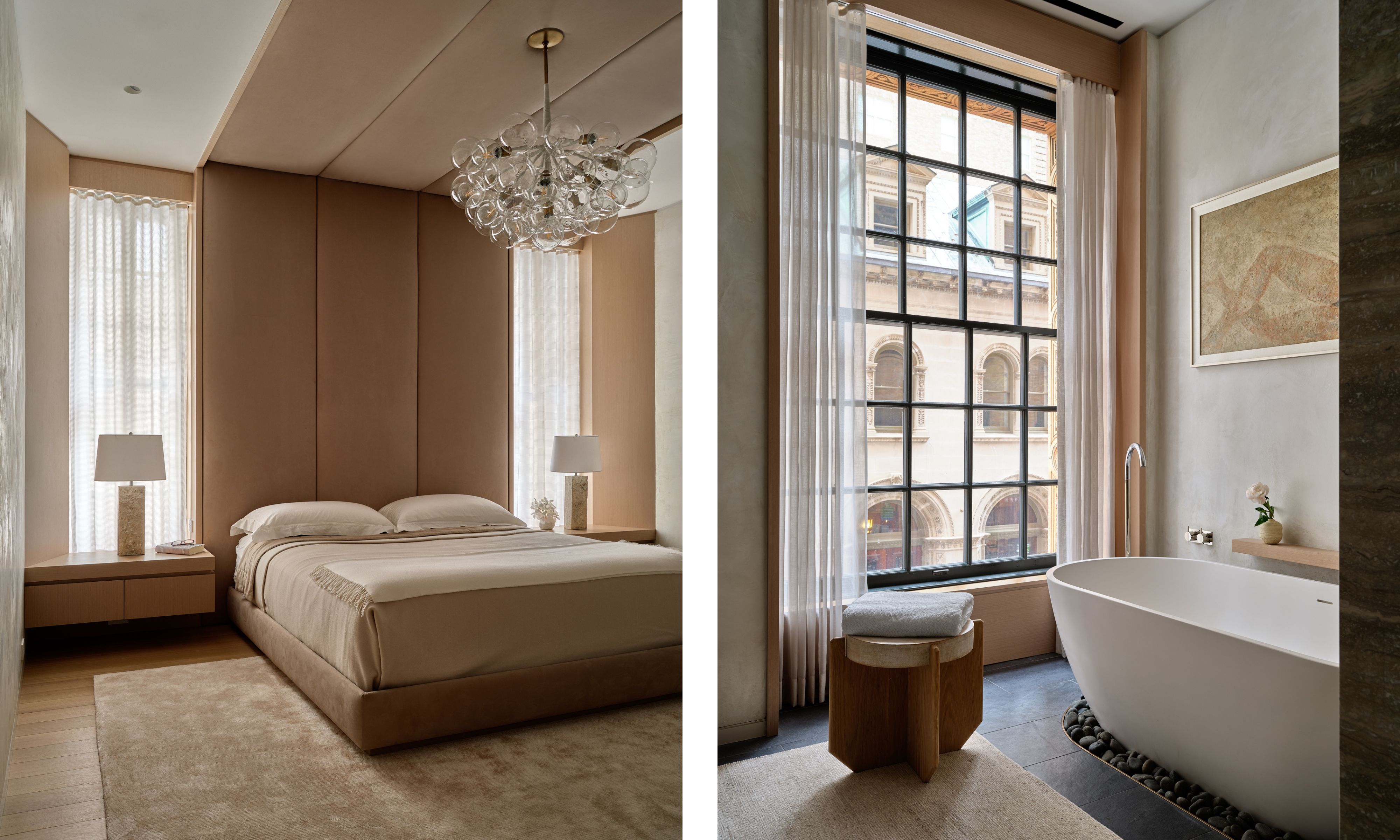 Two images of a bedroom with a caramel color scheme and the adjoining bathroom with a large black metal window, white tub and sheer curtains