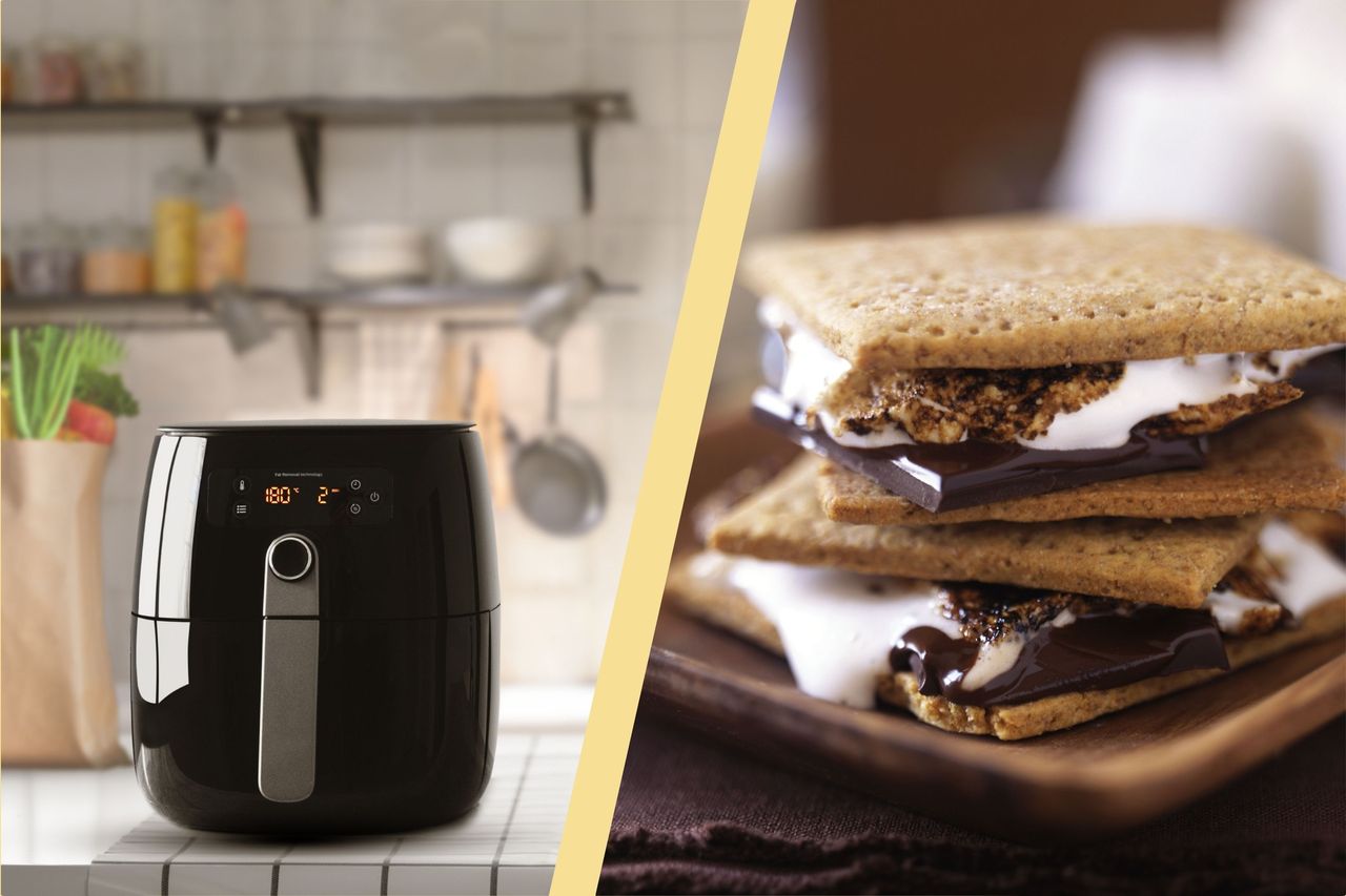 A collage of an air fryer and a stack of s&#039;mores