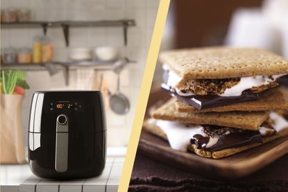 A collage of an air fryer and a stack of s'mores