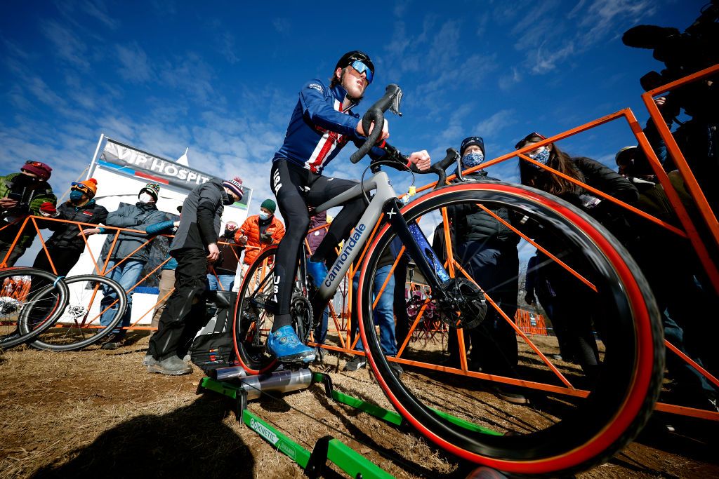 FAYETTEVILLE GEORGIA JANUARY 28 Gage Hecht of The United States warming up on rollers prior to the 73rd UCI CycloCross World Championships Fayetteville 2022 Team Relay Fayetteville2022 on January 28 2022 in Fayetteville Georgia Photo by Chris GraythenGetty Images