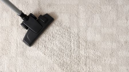 Top-down view of a vacuum lifting embedded dust on a beige plush rug using the overlap technique. 