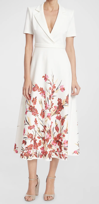 Badgley Mischka Collection Floral-Print Short-Sleeve Midi Shirtdress, $495 (£388) | Neiman Marcus