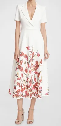 Badgley Mischka Collection Floral-Print Short-Sleeve Midi Shirtdress, $495 (£388) | Neiman Marcus