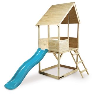 wooden playhouse with with slides for kids and white background