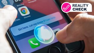 Two hands holding an iPhone that shows the Siri voice assistant being activated