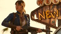 Lucy with a rifle in the Fallout TV series
