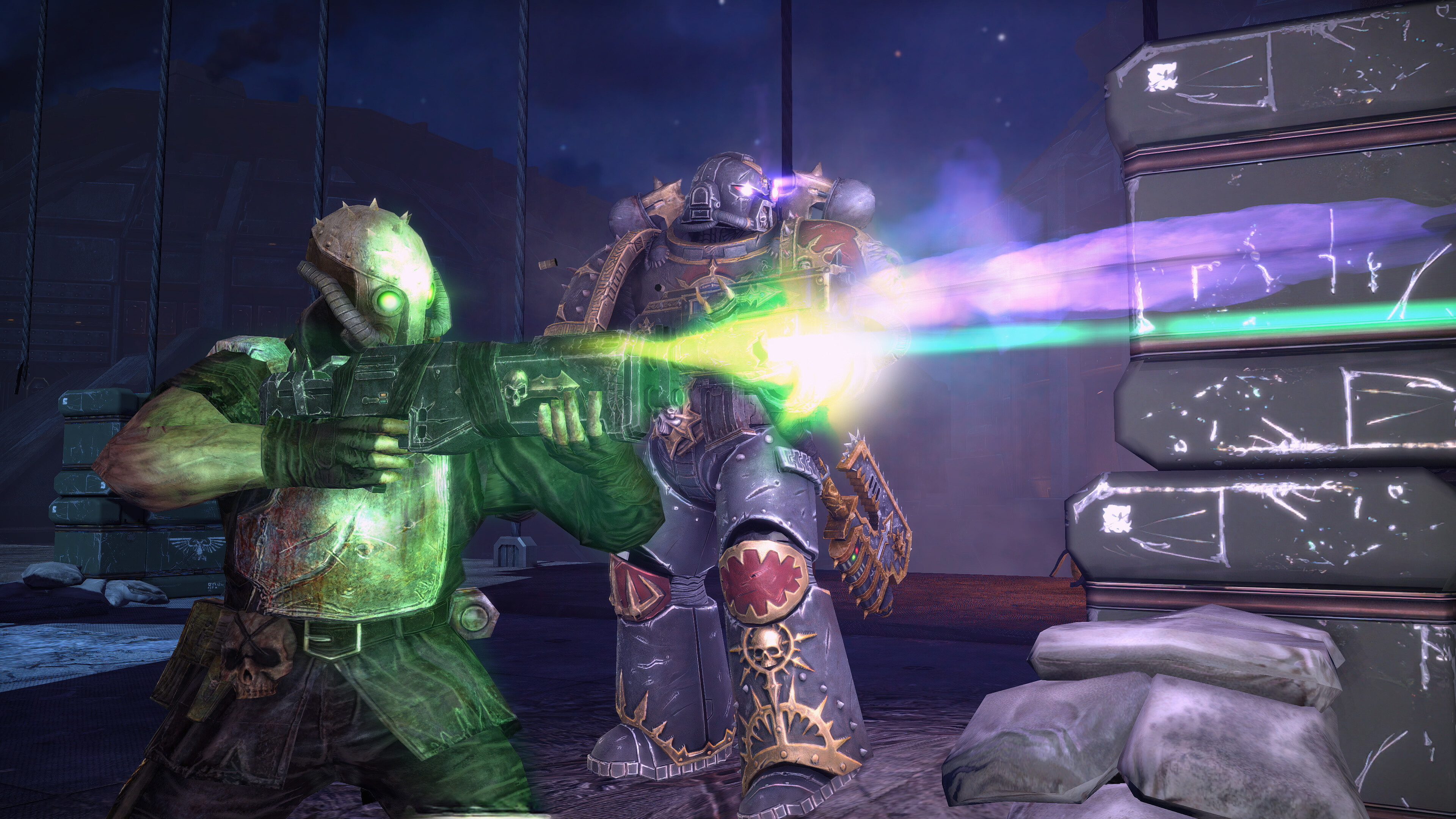 A Chaos Space Marine and a cultist shooting their guns in Warhammer 40,000: Space Marine Master Crafted Edition.