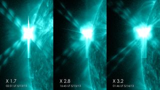These pictures from NASA's Solar Dynamics Observatory show the three X-class flares that the sun emitted in under 24 hours on May 12-13, 2013.