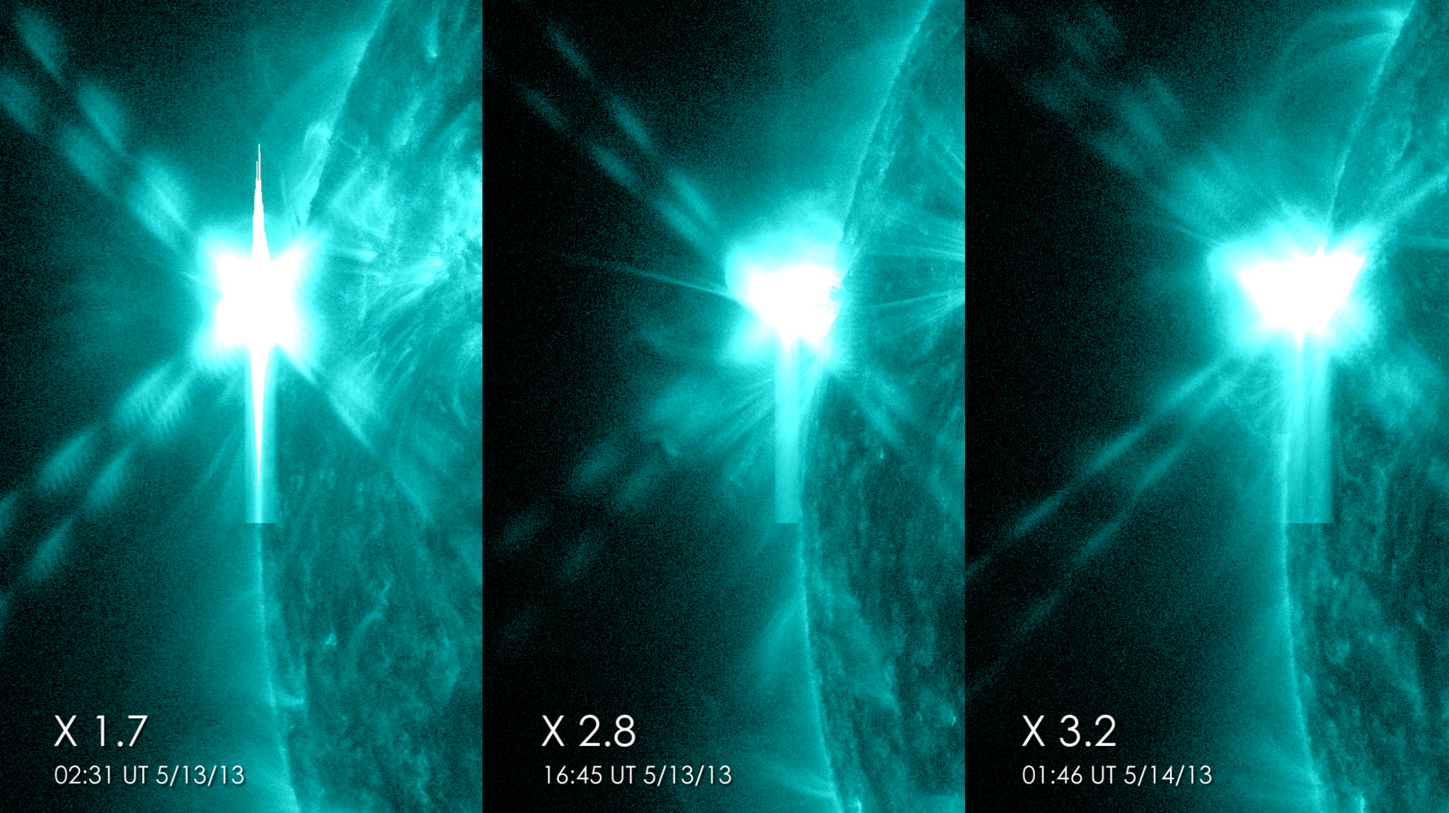 These pictures from NASA's Solar Dynamics Observatory show the three X-class flares that the sun emitted in under 24 hours on May 12-13, 2013.