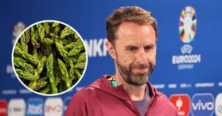 : Gareth Southgate, Head Coach of England attends the press conference of England at Frankfurt Arena on June 19, 2024 in Frankfurt am Main, Germany with an inset picture of some asparagas