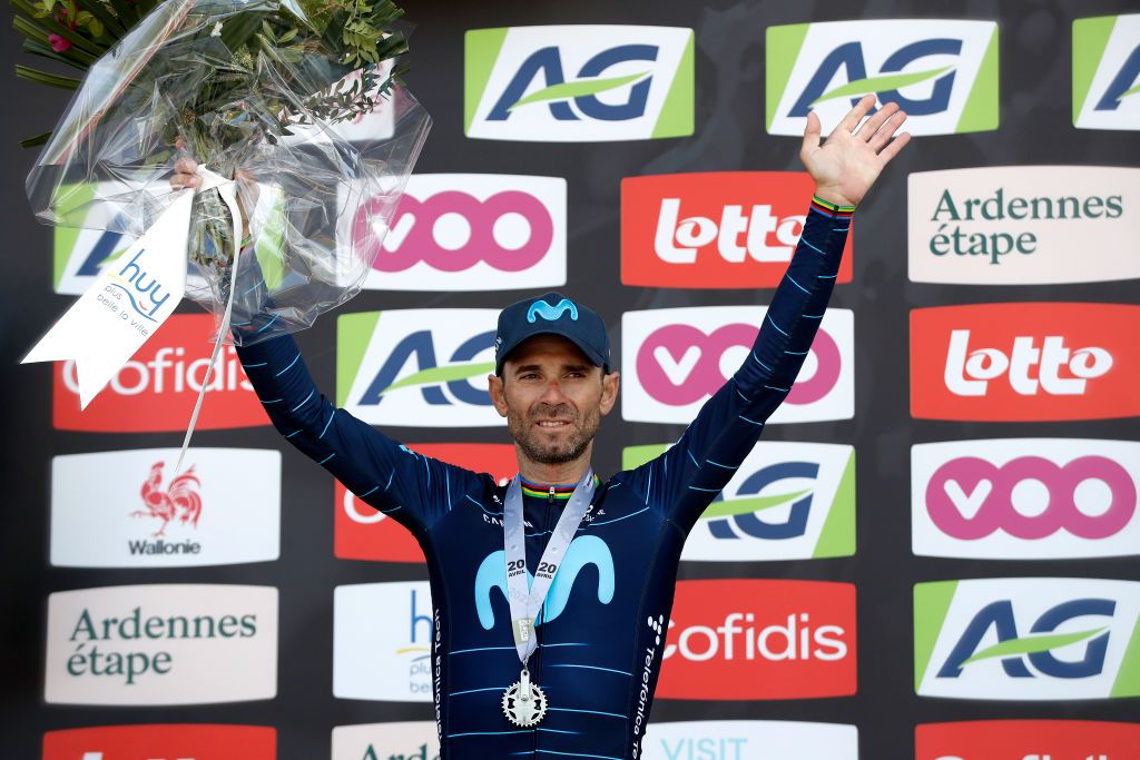 HUY BELGIUM APRIL 20 Alejandro Valverde Belmonte of Spain and Movistar Team on second place poses on the podium ceremony after the 86th La Flche Wallonne 2022 Mens Elite a 2011km one day race from Blegny to Mur de Huy 204m WorldTour FlecheWallonne on April 20 2022 in Huy Belgium Photo by Bas CzerwinskiGetty Images