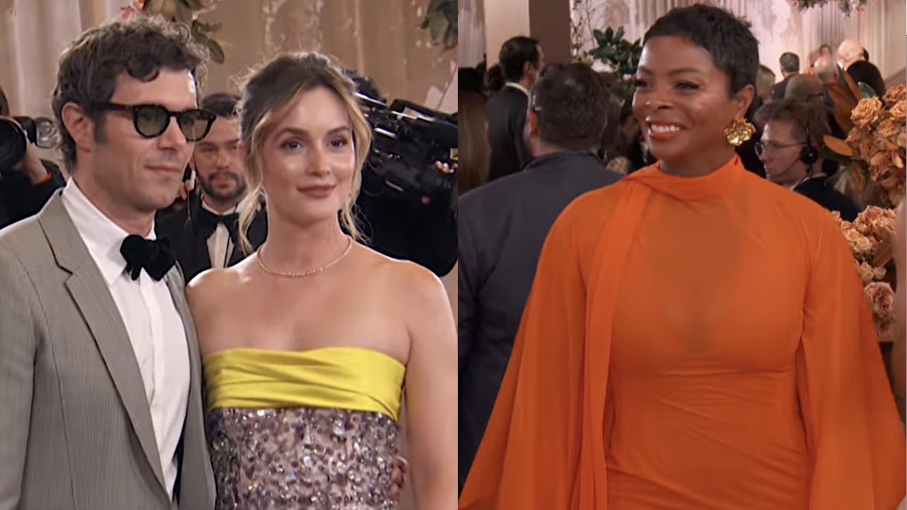 Side by side: Leighton Meester in yellow stripe dress; Janelle James in sheer orange dress on 2026 Golden Globes red carpet