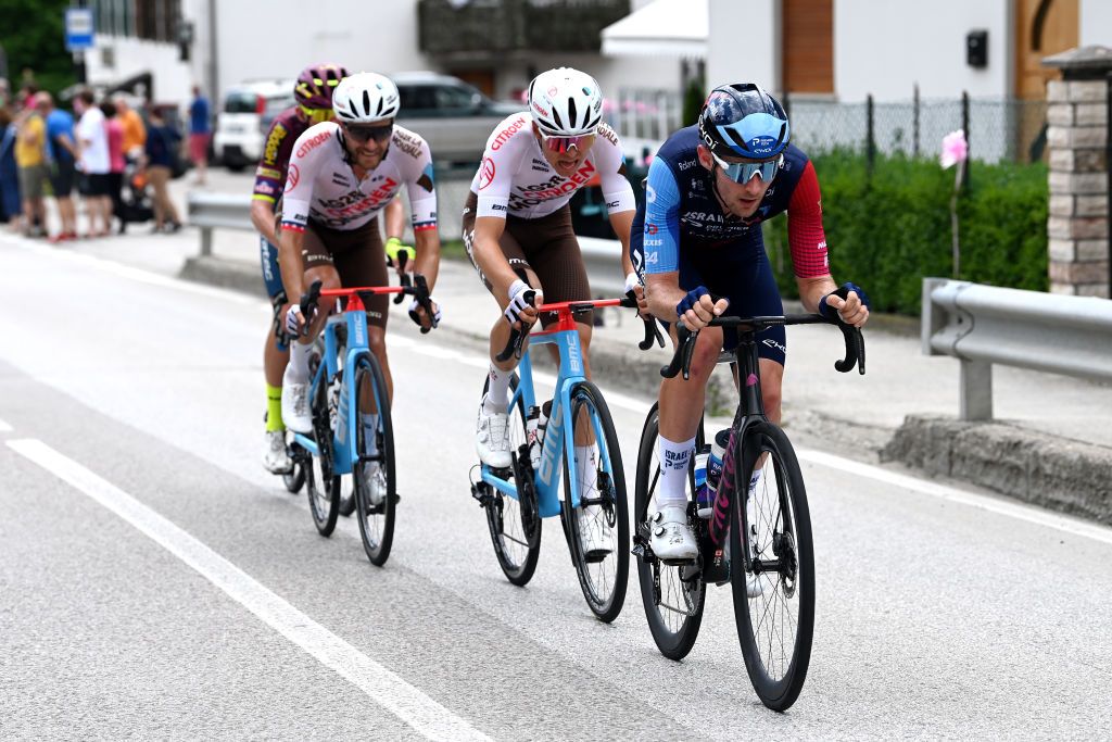 TRE CIME DI LAVAREDO ITALY MAY 26 LR Alex Baudin of France and AG2R Citron Team and Derek Gee of Canada and Team Israel Premier Tech compete in the breakaway during the 106th Giro dItalia 2023 Stage 19 a 183km stage from Longarone to Tre Cime di Lavaredo 2307m UCIWT on May 26 2023 in Tre Cime di Lavaredo Italy Photo by Tim de WaeleGetty Images