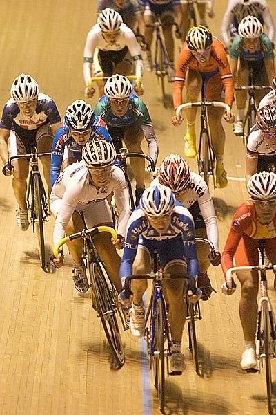 Argy bargy: Australian Belinda Goss does well to hold her bike up when things got a little tight during the final laps of the women