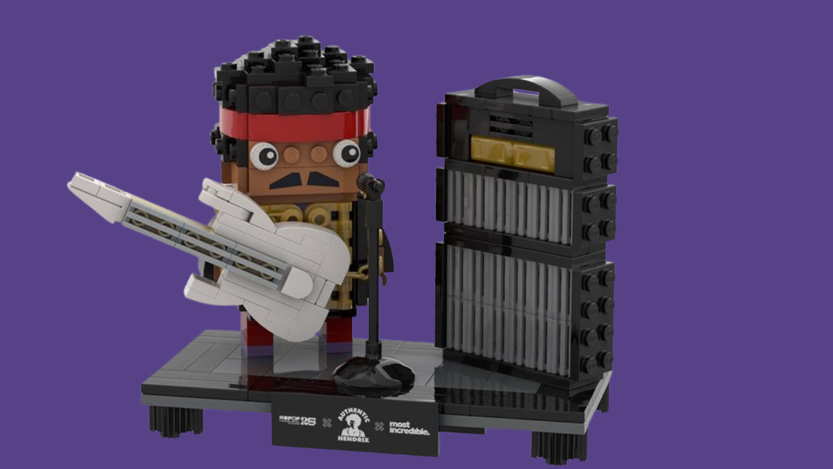Lego Jimi Hendrix with a buildable Marshall stack and electric guitar