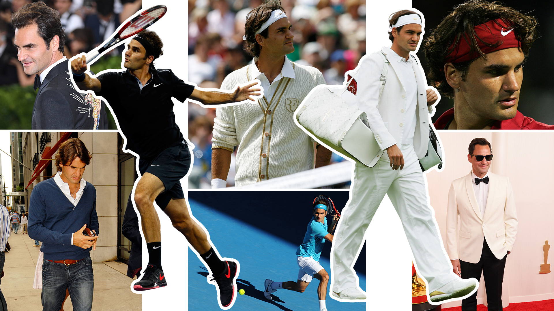 A collage of Roger Federer's most stylish outfits on and off the court.