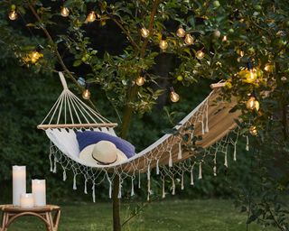 hammock in garden with tree lights