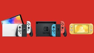 The Nintendo Switch OLED, Nintendo Switch, and Nintendo Switch Lite systems side by side against a red background