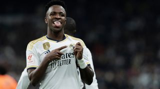 Liverpool target Vinicius Junior of Real Madrid celebrates a goal during the La Liga 2023/24 match between Real Madrid and Valencia at Santiago Bernabeu Stadium. Final score; Real Madrid 5:1 Valencia. (Photo by Guillermo Martínez/SOPA Images/LightRocket via Getty Images)