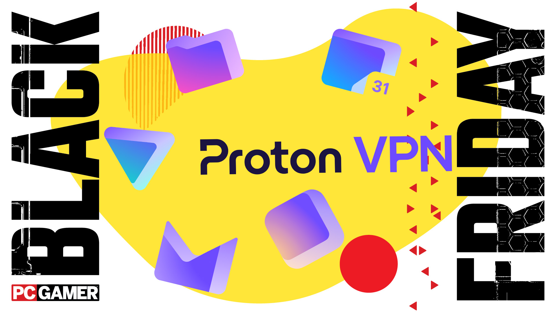 The Proton VPN logo surrounded by other Proton app logos on a yellow background with the words &#039;Black&#039; and &#039;Friday&#039; on either side.