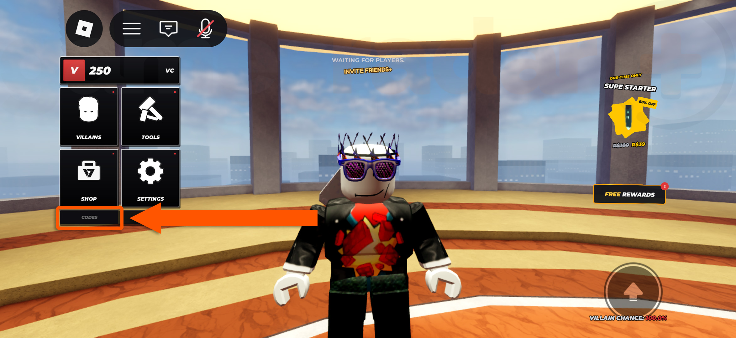 An orange arrow showing how to access the menu to redeem Hide from the Villain codes